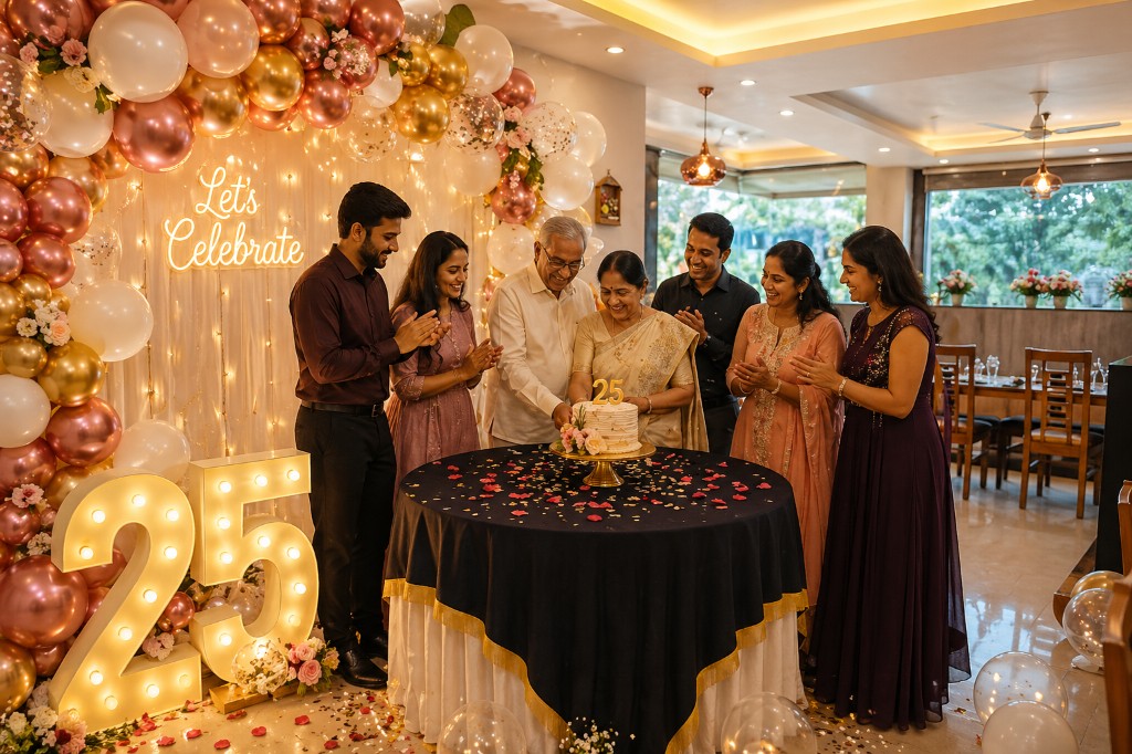 Family 25th anniversary celebration at Minari: cake cutting with guests, balloon arch, and Let’s Celebrate decor in Dhanbad
