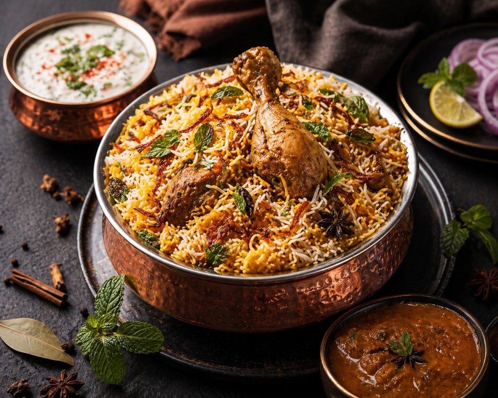 Chicken biryani with raita, salan, and condiments at Minari Restaurant, Dhanbad