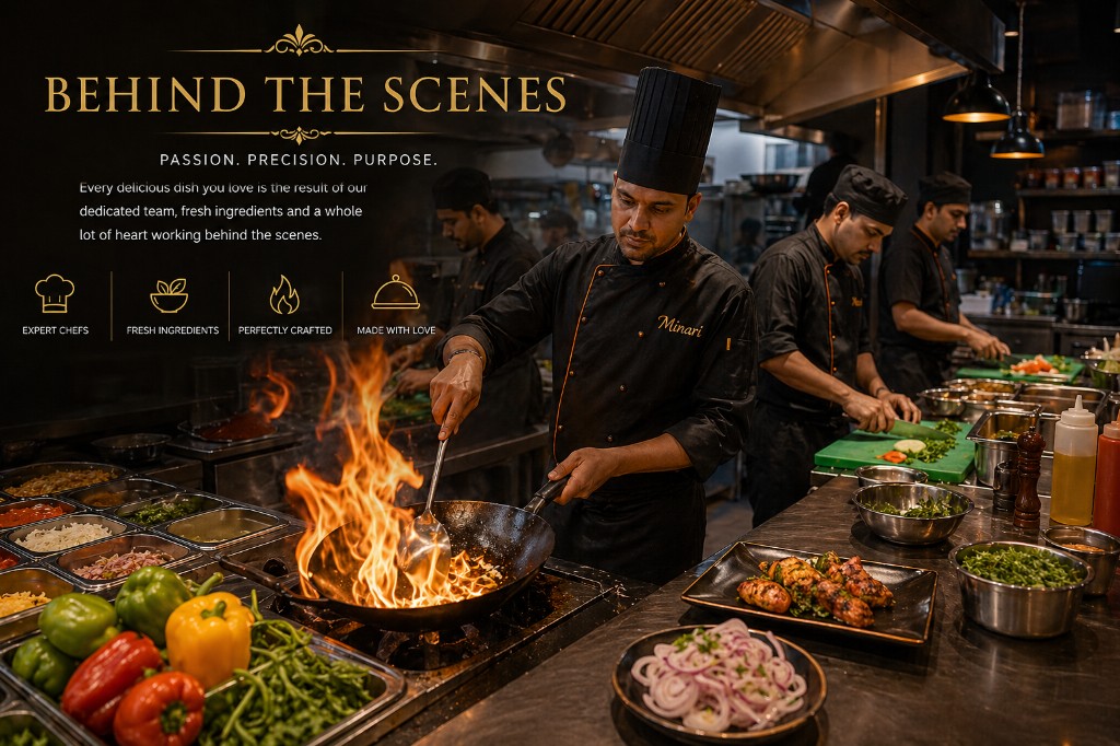 Behind the scenes at Minari: chefs preparing dishes live in the kitchen with flame cooking and fresh ingredients
