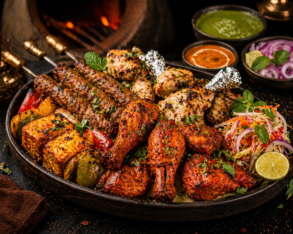 Tandoori platter: seekh kebabs, tandoori chicken, malai tikka, paneer tikka, and sides at Minari, Karmatand